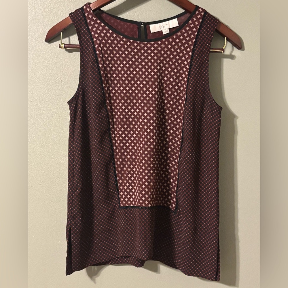 LOFT Maroon and Black Geometric Print Top